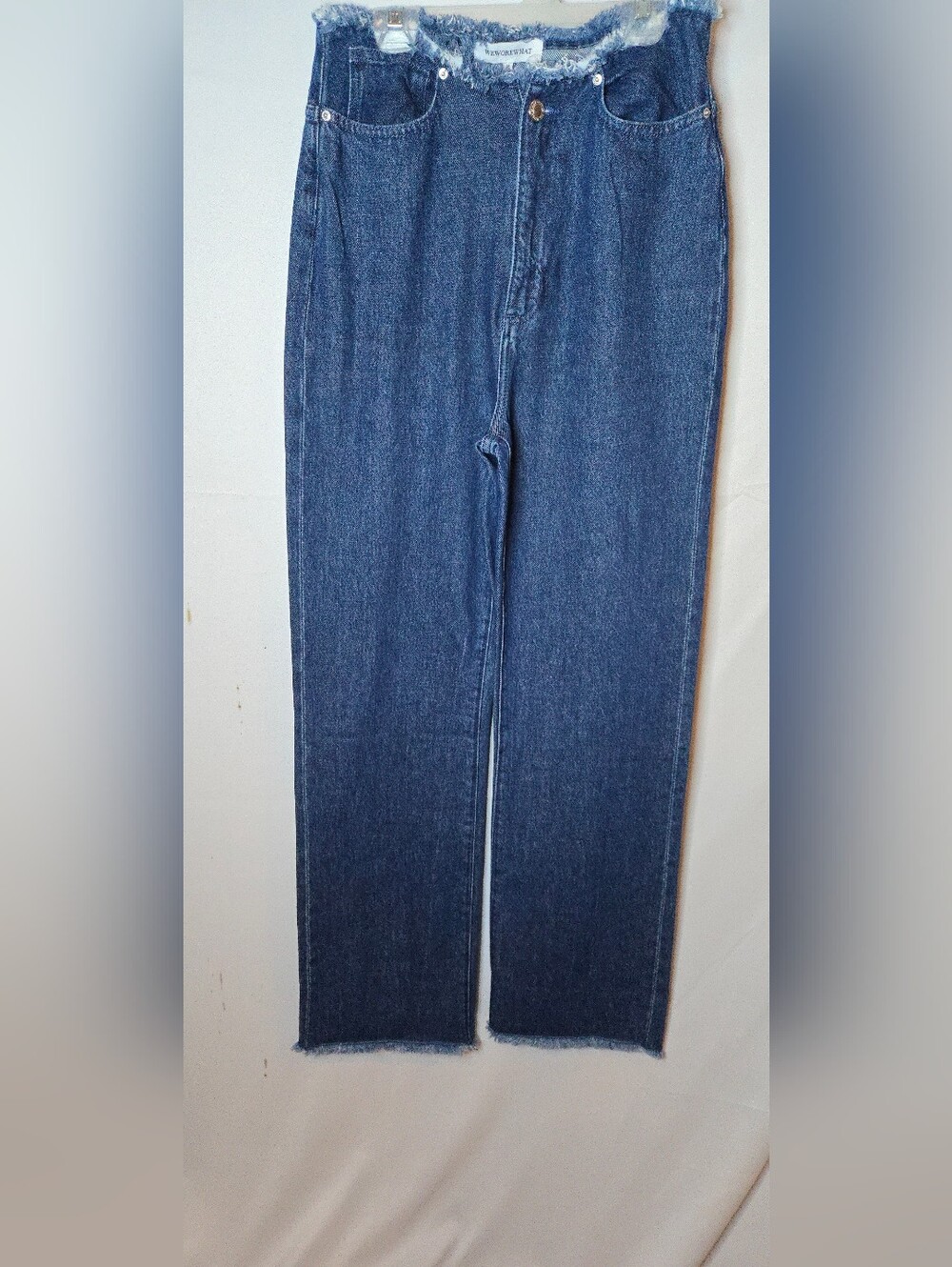 WeWoreWhat Women's 26/2 Dark Blue Frayed High Rise Straight Leg Jeans